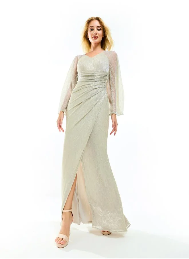 Styli Gathered Wrap Asymmetric Hem Balloon Sleeve Maxi Dress