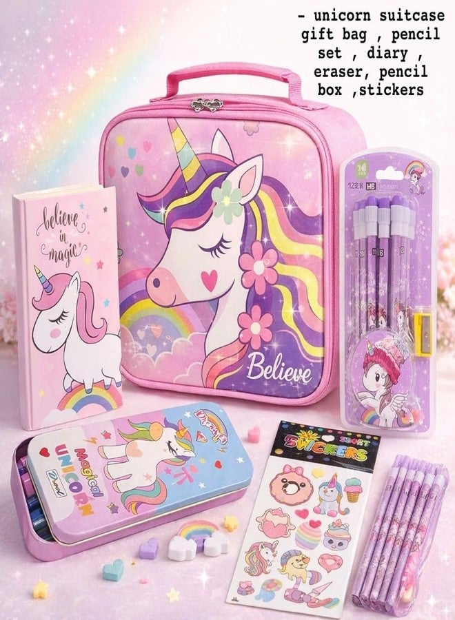 Le Delite Unicorn Goody Box Bag Combo Party Favor Supplies Return Gift Kids - School Stationery Diary Pencils erasers Cute Stylish Pencil Box & Suitcase Lunch Bag - Image 3