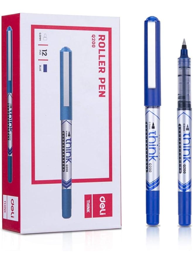 Deli Eq20030 Non Toxic Smooth Writing Roller Pen 0.5Mm Tip For Student Office Home Blue Box Of 12 Pieces - Image 3