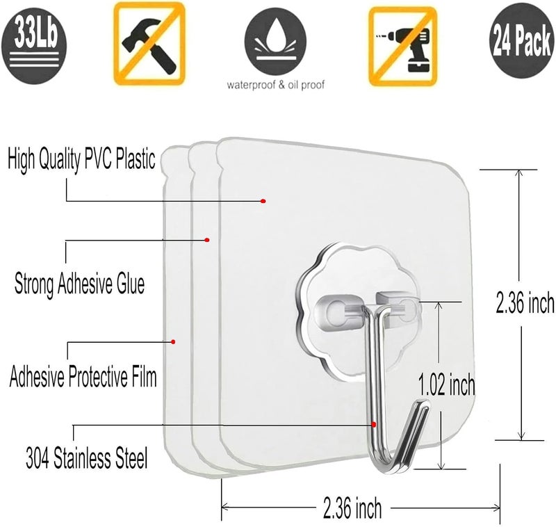 Jwxstore 12 Pack Heavy Duty Self Adhesive Hooks - 33lb Max, Transparent, Waterproof, Sticky Wall Hooks for Keys, Bathroom, Shower, Outdoor, Kitchen, Door, Home Improvement, Utility | Heavy Duty, 33lb Max, Waterproof, for Keys, Bathroom, Shower - Image 2