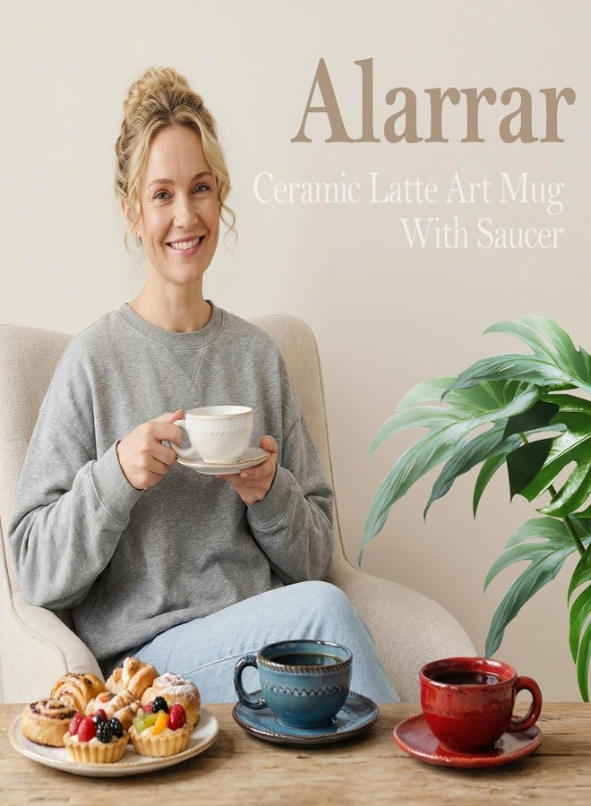 كوب قهوة سيراميك من ألارار، سعة 8 أونصة، أكواب كابتشينو، أكواب وصحون، كوب لاتيه عتيق للشاي والإسبريسو، آمن للاستخدام في الميكروويف وغسالة الصحون، كوب باريستا عريض فاخر من البورسلين للمطبخ أو المقهى (أزرق) - Image 2