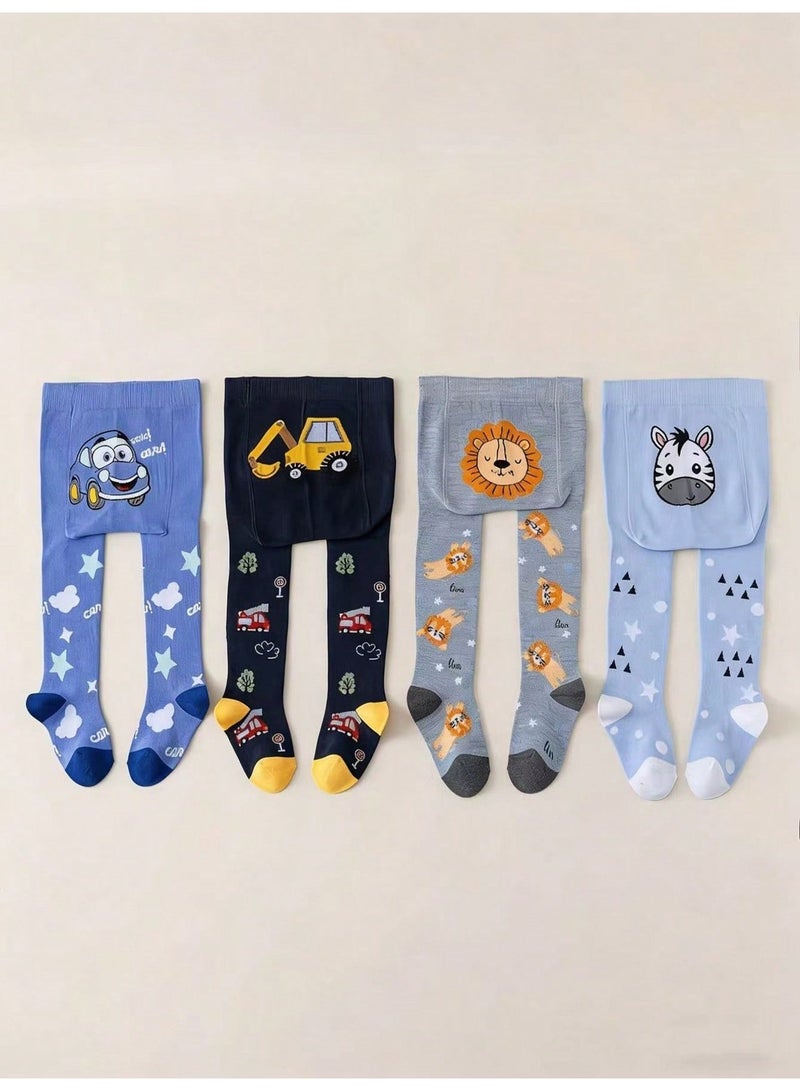 Boys Kids Socks 4 Pairs Long Socks in Blue, Navy and Light Grey With Car, Lion and Zebra Cartoon Prints, Soft Comfortable Everyday Socks, Ages 2-3 Years - Image 2
