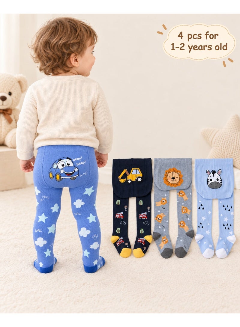 Boys Kids Socks 4 Pairs Long Socks in Blue, Navy and Light Grey With Car, Lion and Zebra Cartoon Prints, Soft Comfortable Everyday Socks, Ages 2-3 Years - Image 1