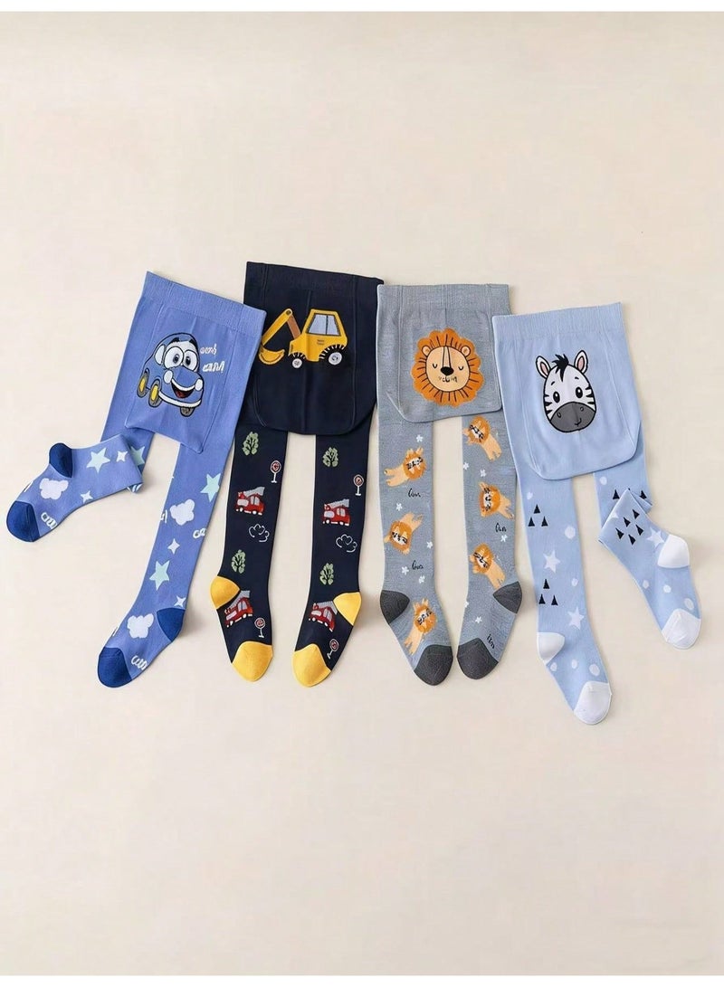 Boys Kids Socks 4 Pairs Long Socks in Blue, Navy and Light Grey With Car, Lion and Zebra Cartoon Prints, Soft Comfortable Everyday Socks, Ages 2-3 Years - Image 4