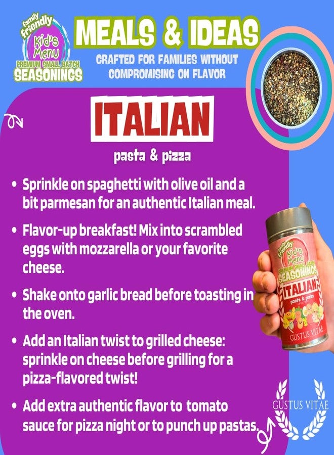 GUSTUS VITAE Kid’s Menu: Italian - Pasta & Pizza Gourmet Seasoning Blend | Hand Made Seasoning | All Natural Spice Blend | No MSG | Lower Sodium | Non GMO | Fun, Savory, Mild Flavor Spices | Picky Eater Approved | Great for Ages 3–11 | Quick & Easy | Family Friendly | Not Spicy | Small Batch | Made in USA | Gustus Vitae - Image 2