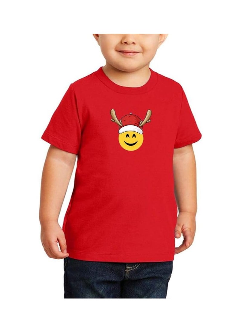 PRINTSHOP4ME - Christmas Emoji Kids Red T-Shirt For Boys–Soft Cotton Round Neck Short Sleeve T-Shirt With Smiley Face Emoji–Great For Parties - Image 1