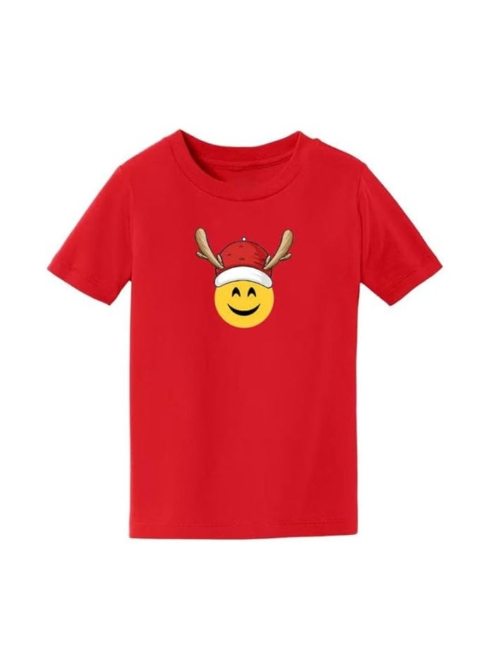 PRINTSHOP4ME - Christmas Emoji Kids Red T-Shirt For Boys–Soft Cotton Round Neck Short Sleeve T-Shirt With Smiley Face Emoji–Great For Parties - Image 1