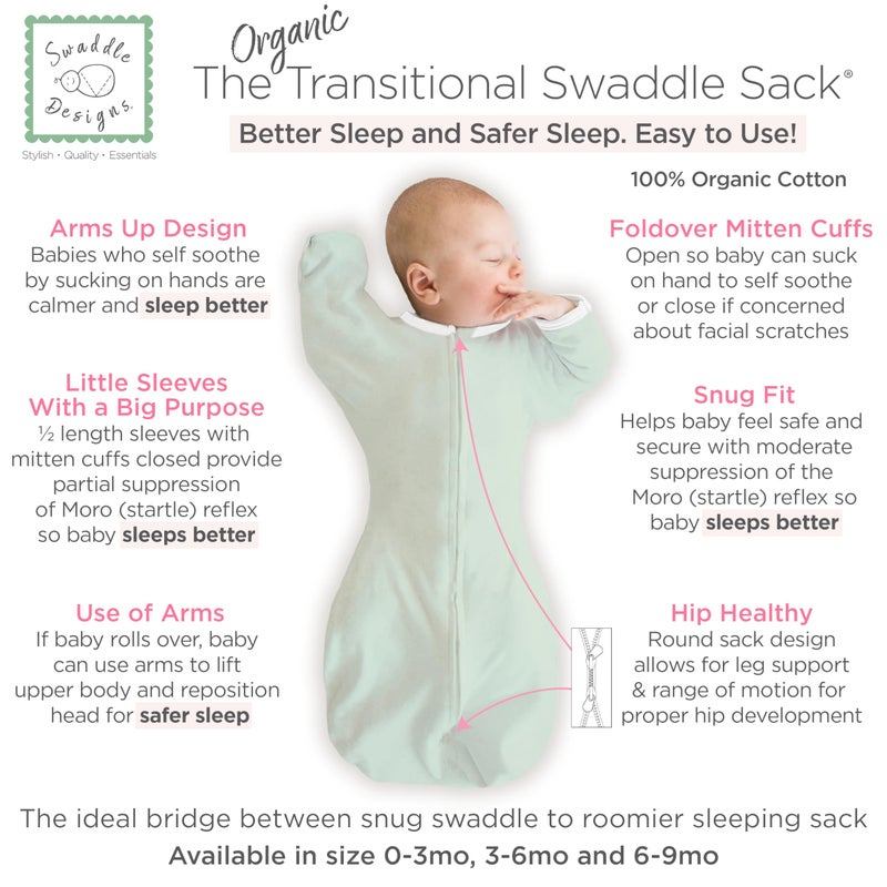 SwaddleDesigns Organic Transitional Swaddle Sack, Arms Up Swaddle with Half-Length Sleeves & Mitten Cuffs, Medium, 3-6 Months, 14-21 lbs, Soft Jadeite - Image 2