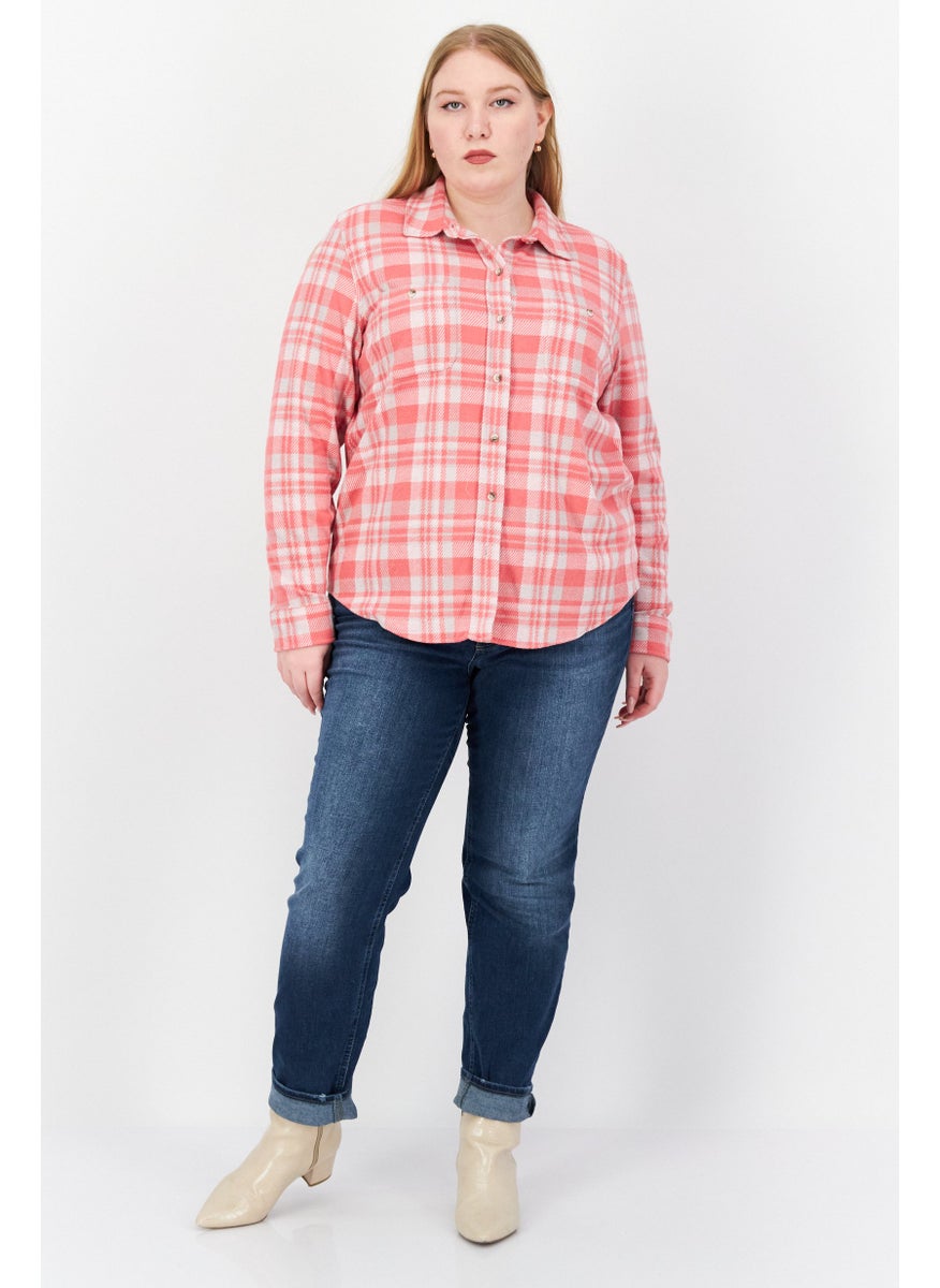 Faherty Brand - Women Spread Collar Long  Sleeves Gingham Print Shirt, Pink Combo - Image 1