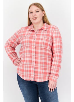 Women Spread Collar Long  Sleeves Gingham Print Shirt, Pink Combo