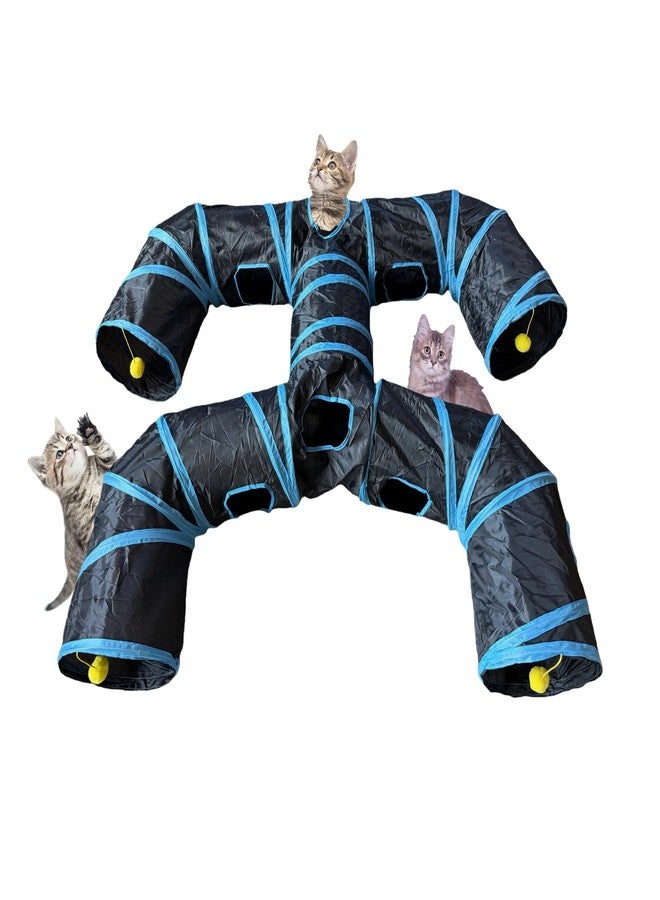 Bigladious Foldable H-Shaped Cat Tunnel Toy with Interactive Playing Balls - 4 Exits for Cats, Kittens, Rabbits & Small Pets Collapsible Play Tube for Indoor Fun & Exercise (Blue Black) - Image 1