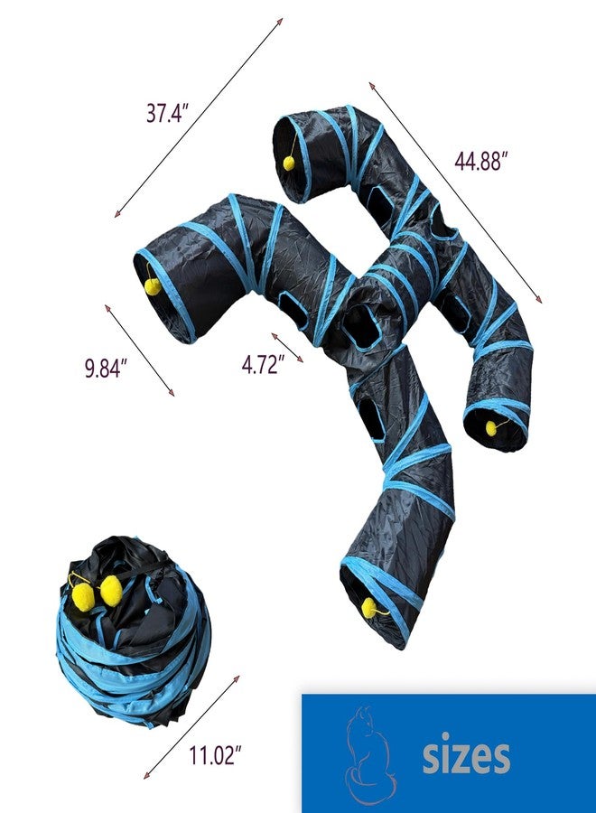 Bigladious Foldable H-Shaped Cat Tunnel Toy with Interactive Playing Balls - 4 Exits for Cats, Kittens, Rabbits & Small Pets Collapsible Play Tube for Indoor Fun & Exercise (Blue Black) - Image 2