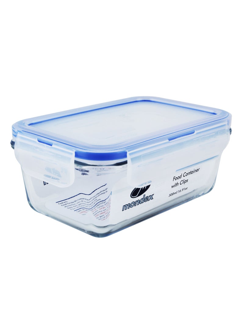 Mondex Rectangular Glass Food Storage Container With Lid Clear/Blue 500ml - Image 1