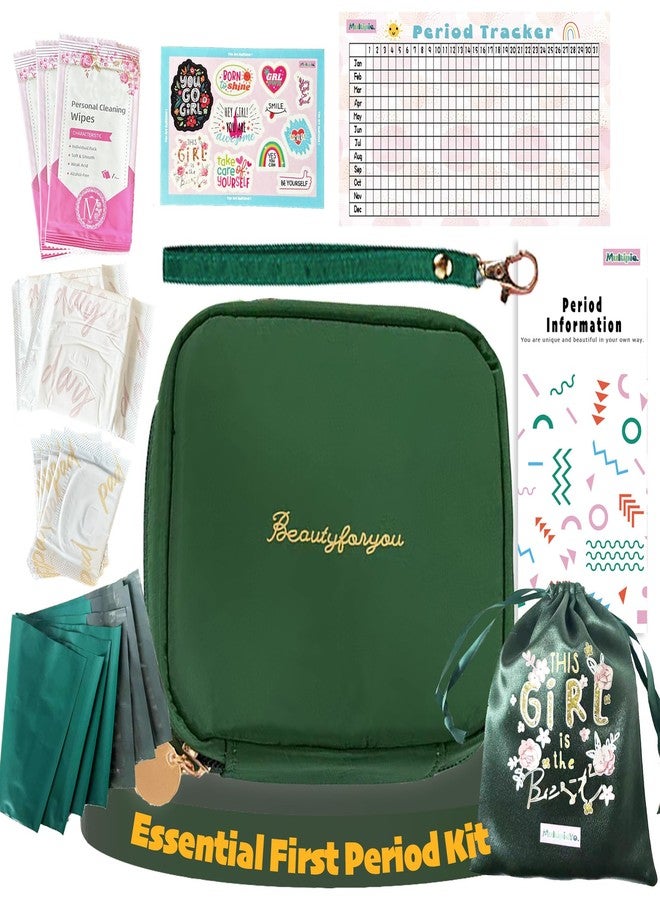 multipieyo Essential Period Kit for Girls | First Period kit for Girls 10-12 | Period Bags for Teen Girls for School | First Period Gift with Sanitary Pad Storage Bag, Wipes, Period Tracker and More(Green) - Image 1