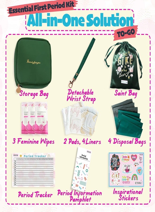 multipieyo Essential Period Kit for Girls | First Period kit for Girls 10-12 | Period Bags for Teen Girls for School | First Period Gift with Sanitary Pad Storage Bag, Wipes, Period Tracker and More(Green) - Image 2