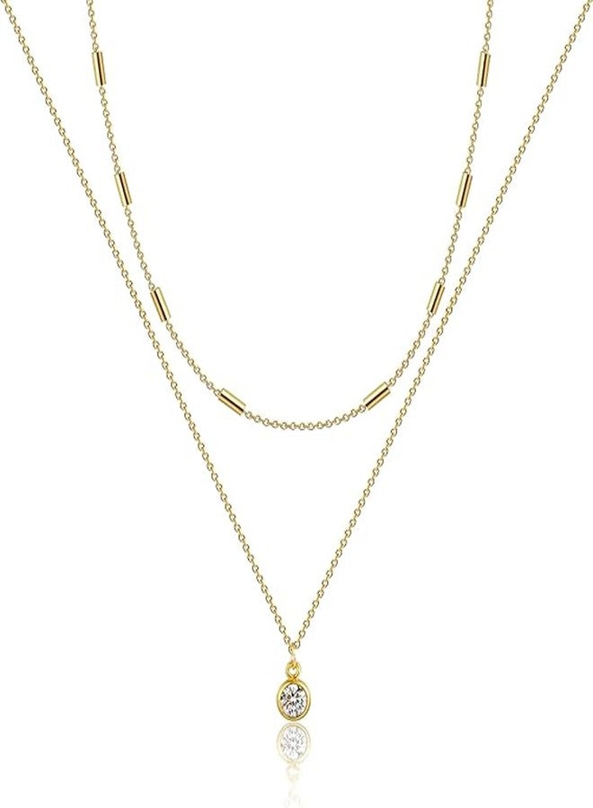 MIDEEO Gold CZ Diamond Necklace for Women Dainty Layering Cubic Zirconia Pendant Necklaces 14K Gold Double Chain Necklace Delicate Minimalist Gold Jewelry Gifts - Image 1