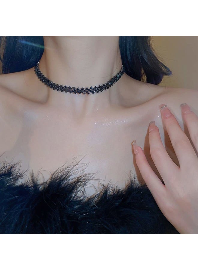 Jumwrit Rhinestone Choker Necklace Black Square Rhinestone Necklace Fashion Prom Party Sparkle Rhinestone Row Chain Necklace for Women Girls - Image 3