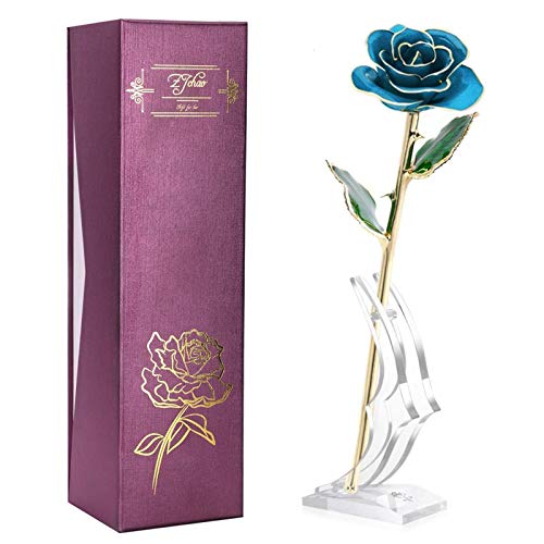 ZJchao 24K Blue Rose Christmas Her, Eternal Love Plated Rose Flower Her, Best Present for Anniversary, Wedding, Birthday, Graduation (Blue) - Image 1