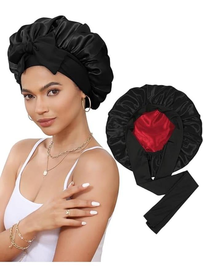 Generic Satin Bonnet Silk Bonnet for Sleeping Silk Sleep Cap Double Layer Hair Bonnet with Elastic Tie Band for Curly Hair Night Cap  - Image 1