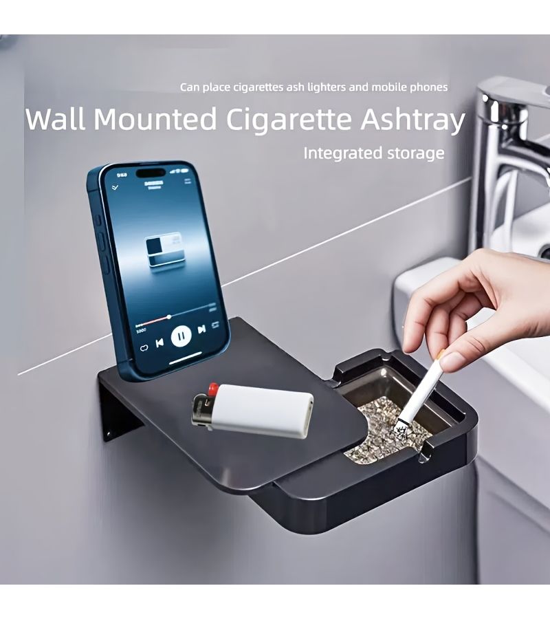 Wall Mounted Ashtray With Integrated Storage Compartment No Electricity Needed Durable Plastic Contemporary Rectangular Design Cool Black For Home Office Bathroom Hands Free Mobile Phone Holder Modern Decorative Gift For Men Women Sturdy Smokers Accessory - Image 1