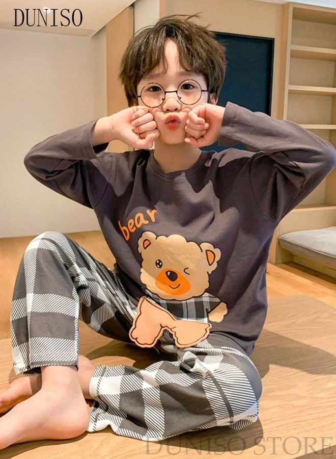 DUNISO 2-Piece Boy's Soft Pajamas Set Long Sleeve Cotton Sleepwear Loungewear Round Neck Nightwear Pajama Sets Spring And Autumn Home Wear Long Sleeve Top And Pants - Image 5