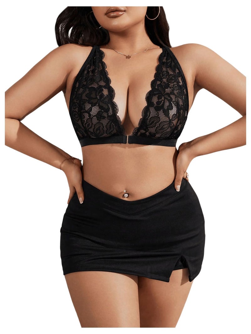 MakeMeChic Women's Plus Size Lace Bralette Front Closure Bras Wireless Deep V Triangle Sexy Lace Bra Black 3X-Large Plus - Image 5