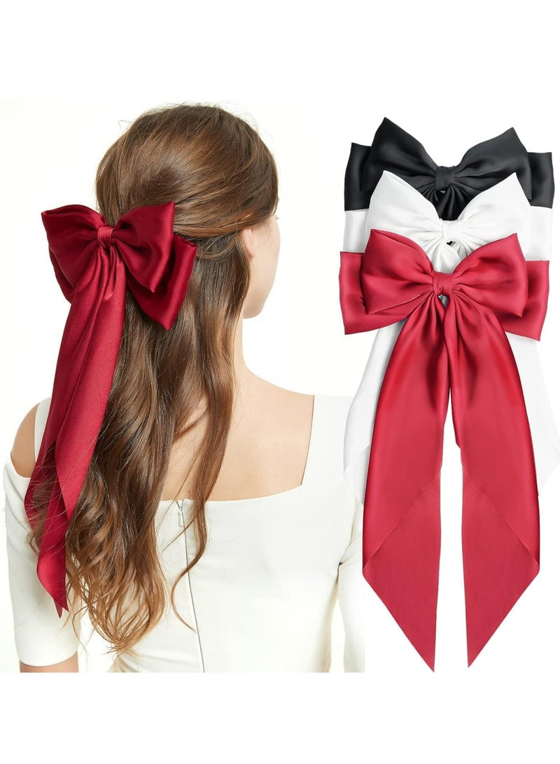 أوزيغالور 3 عبوات من 3 أربطة شعر بشريط حريري من الساتان الحريري، مشابك شعر كبيرة باللون الأسود والأبيض والأحمر مع مشابك معدنية للكعكات - Image 1
