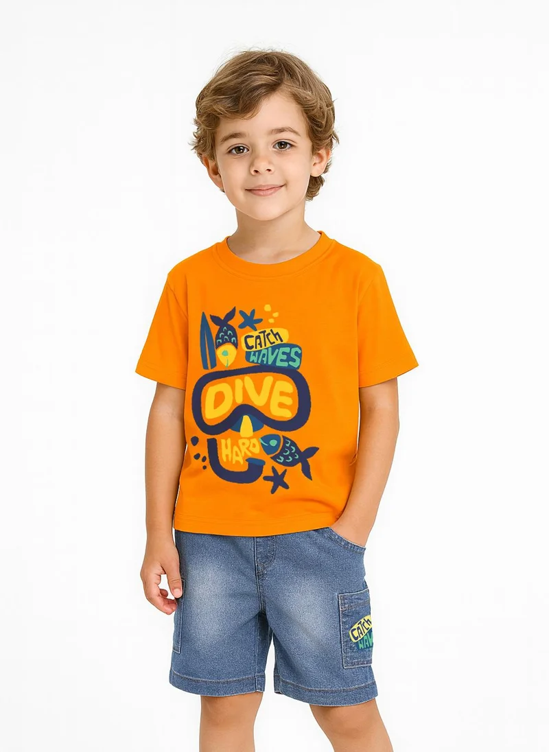 Nautinati Nautinati Orange & Blue Cotton T-Shirt With Denim Shorts Set For Boys