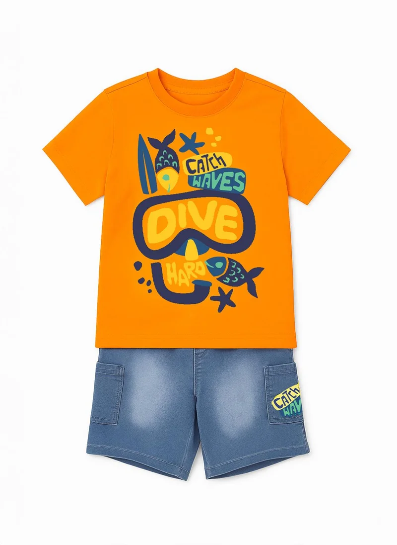 Nautinati Nautinati Orange & Blue Cotton T-Shirt With Denim Shorts Set For Boys