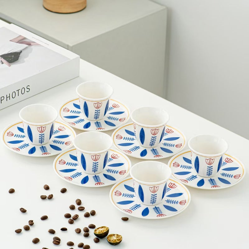 WU Elegant 70ml Ceramic Cup and Saucer Set with Floral Design - Microwave Safe - Image 1