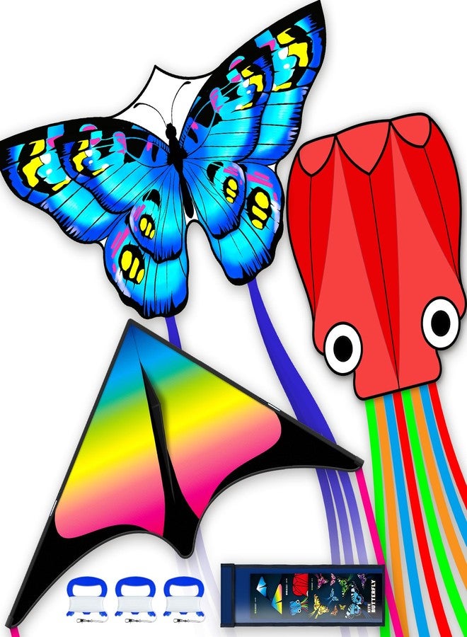 Doinfly 3 Piece Set Butterfly Delta Octopus Kites for Kids and Adults，Easy to Fly for Outdoor Adults Children Line Kite for Kids Toy (Delta Blue Butterfly red Octopus, 3) - Image 1