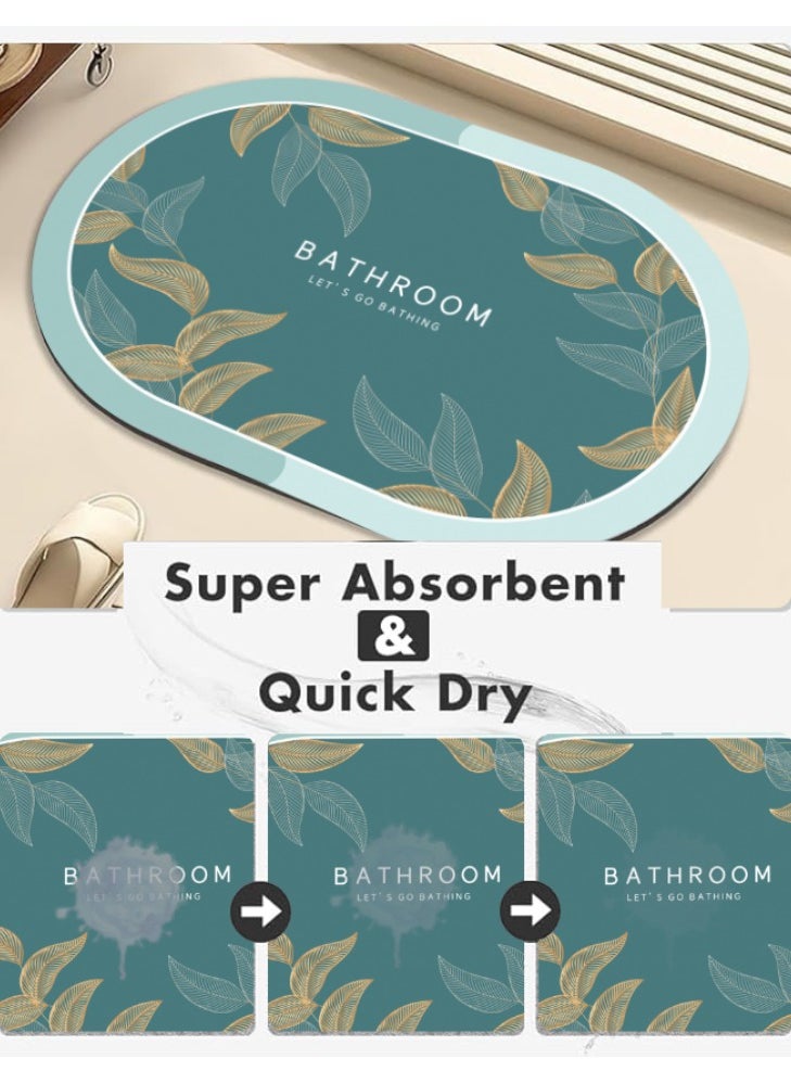 LESTER - LESTER Water Absorbent Non-Slip Bathroom Mat, Quick Drying Bathroom Carpet, Non-Slip Entrance Doormat Diatom Leather Floor Mats, Home Decor Set Oval Shape Blue and Gold 50x80cm - Image 1