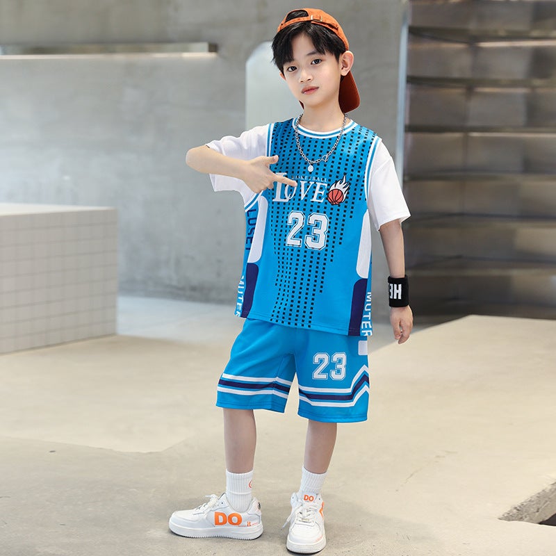 Boys' Summer Clothing for Older Children, 2025 New Cool and Stylish Basketball Uniform for Boys, Trendy Short-Sleeved Sports Quick-Drying Suit - Image 1