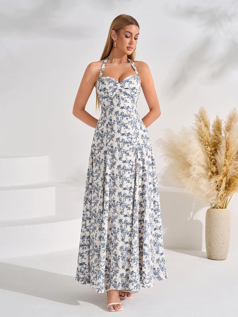 EYNMIN Floral Maxi Summer Wedding Guest Dress Halter Flowy A Line Smocked Tea Party Dresses Long Sundress for Women 2026 Bluefloral - Image 4