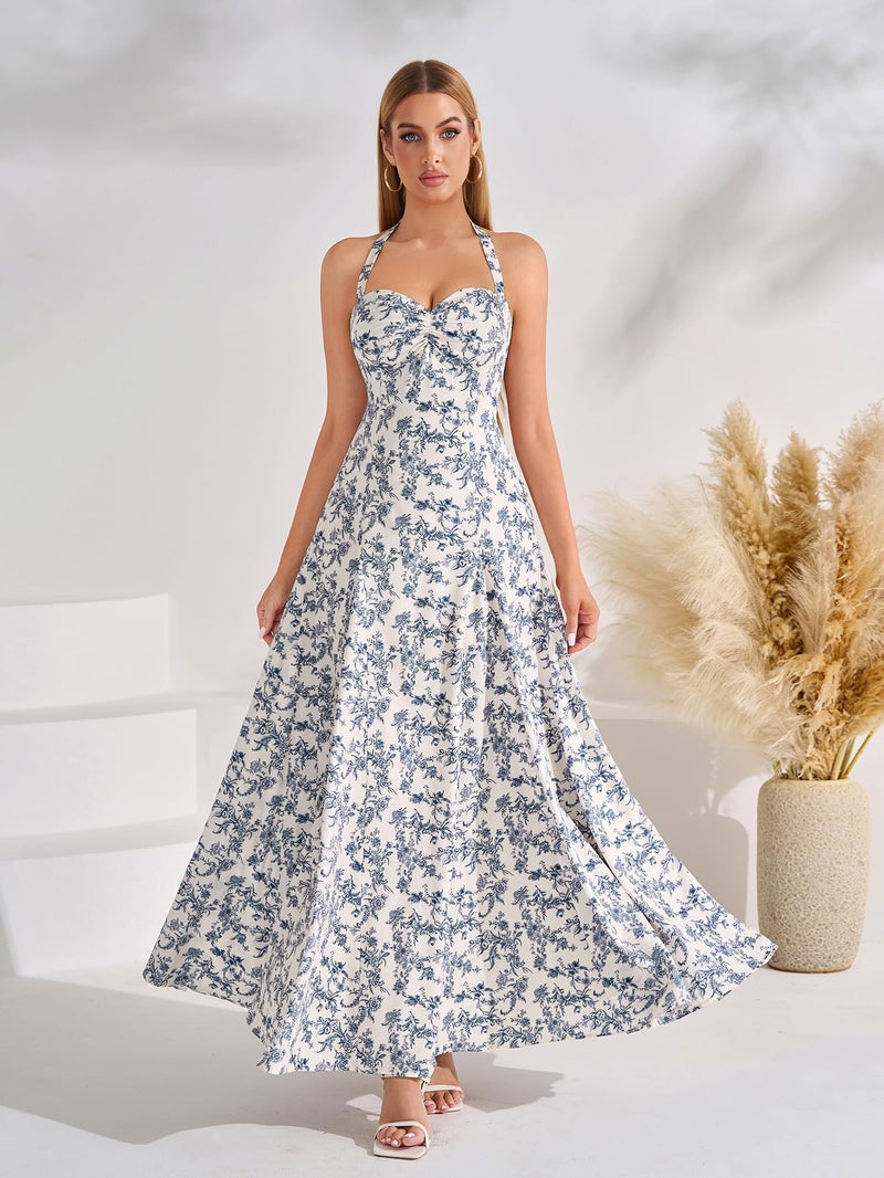 EYNMIN Floral Maxi Summer Wedding Guest Dress Halter Flowy A Line Smocked Tea Party Dresses Long Sundress for Women 2026 Bluefloral - Image 5
