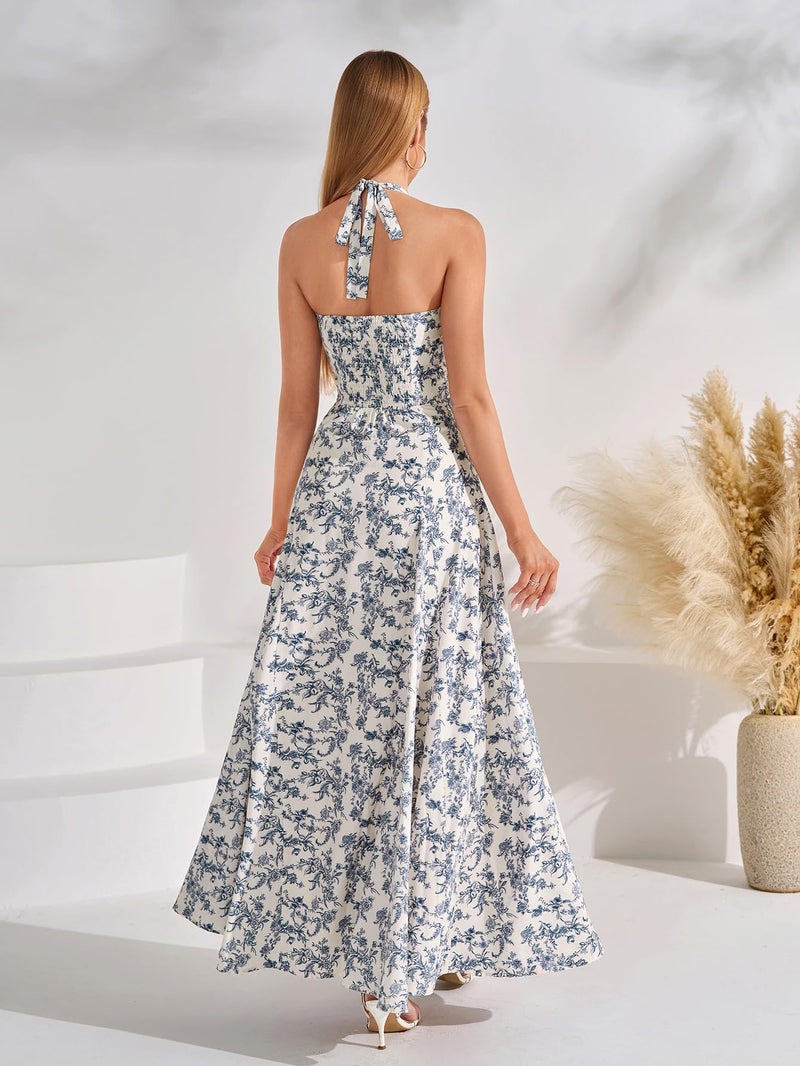 EYNMIN Floral Maxi Summer Wedding Guest Dress Halter Flowy A Line Smocked Tea Party Dresses Long Sundress for Women 2026 Bluefloral - Image 3