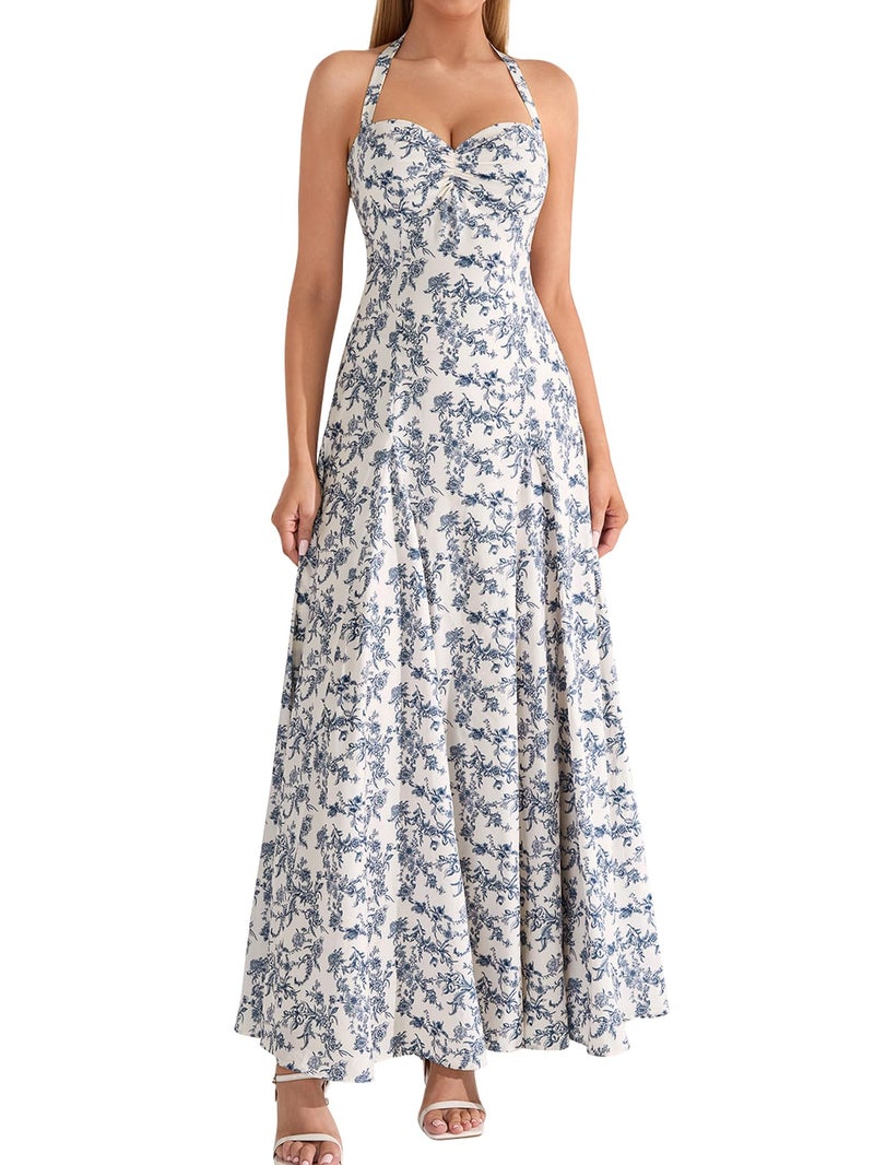 EYNMIN Floral Maxi Summer Wedding Guest Dress Halter Flowy A Line Smocked Tea Party Dresses Long Sundress for Women 2026 Bluefloral - Image 1