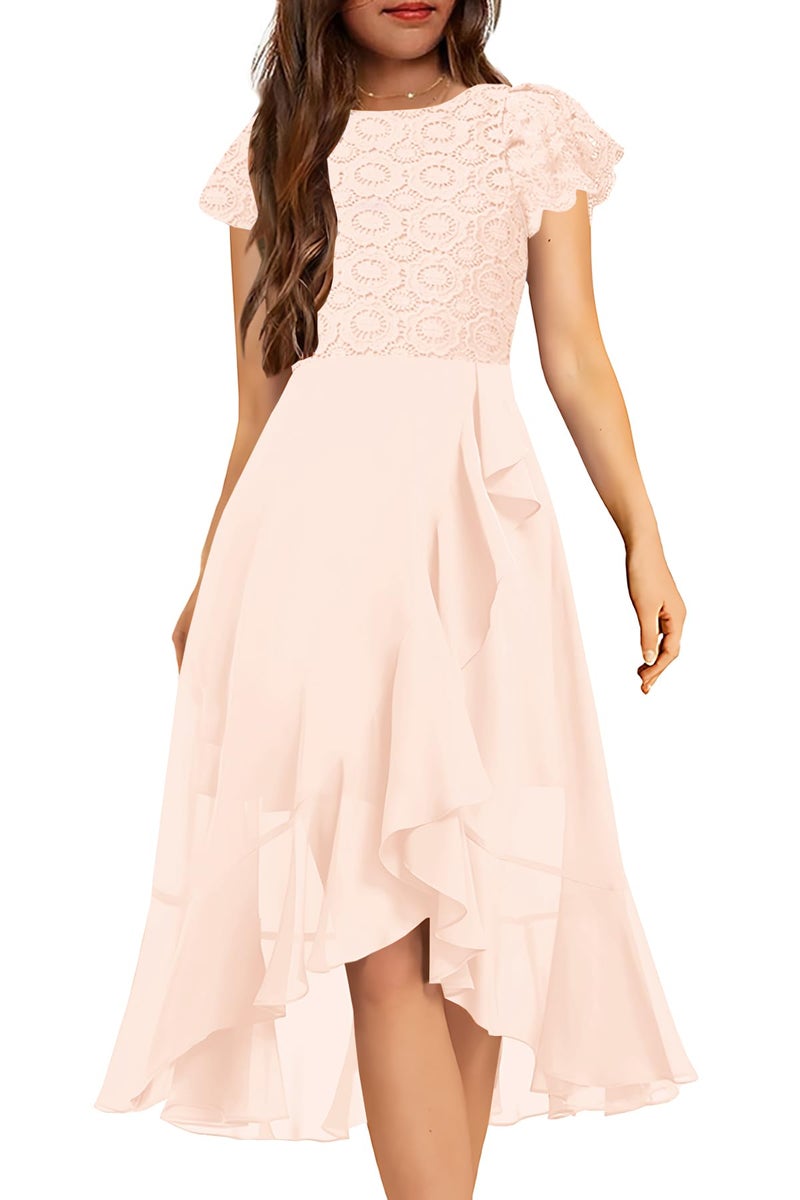 HOSIKA Girls Vintage Floral Lace Flutter Sleeve A-Line Swing Easter Birthday Party Dance Prom Dress for 12-13 Years Apricot - Image 1