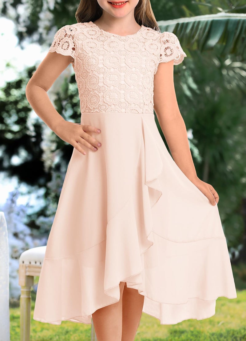 HOSIKA Girls Vintage Floral Lace Flutter Sleeve A-Line Swing Easter Birthday Party Dance Prom Dress for 12-13 Years Apricot - Image 2