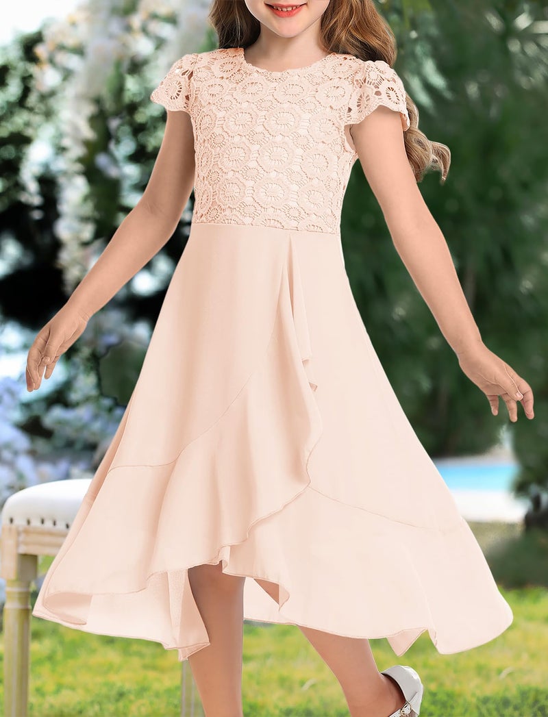 HOSIKA Girls Vintage Floral Lace Flutter Sleeve A-Line Swing Easter Birthday Party Dance Prom Dress for 12-13 Years Apricot - Image 3