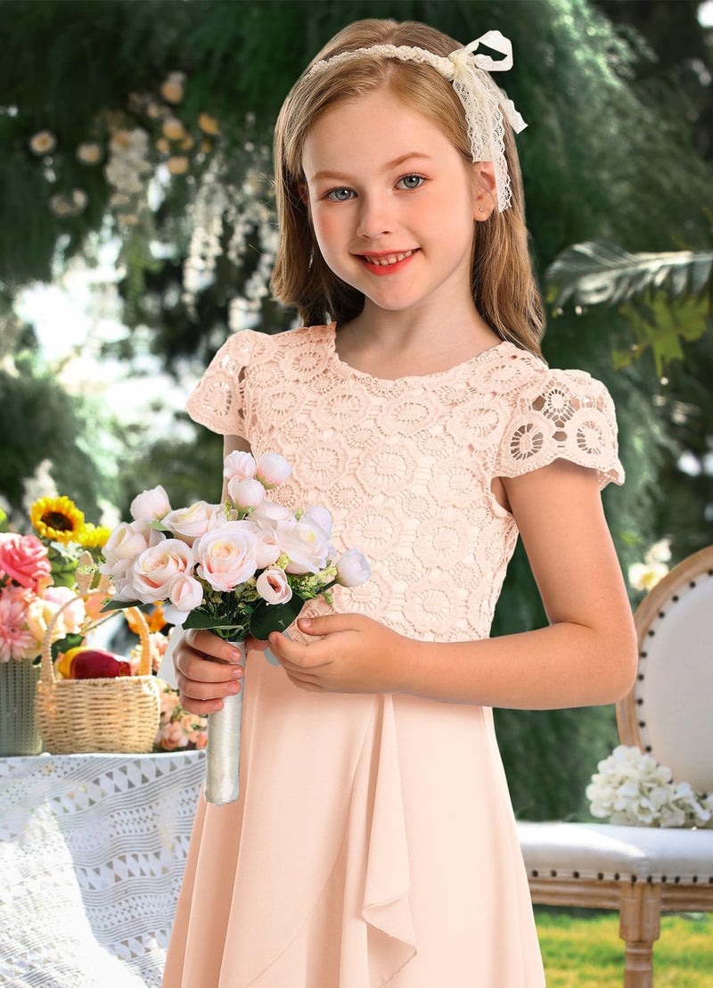 HOSIKA Girls Vintage Floral Lace Flutter Sleeve A-Line Swing Easter Birthday Party Dance Prom Dress for 12-13 Years Apricot - Image 4
