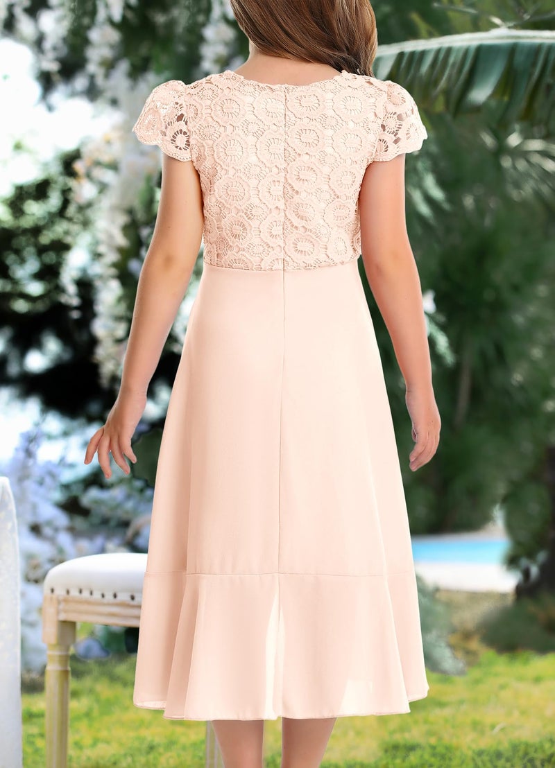 HOSIKA Girls Vintage Floral Lace Flutter Sleeve A-Line Swing Easter Birthday Party Dance Prom Dress for 12-13 Years Apricot - Image 5