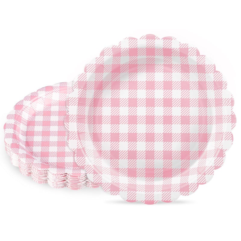NatNarr 30 Pcs Light Pink Gingham Plates, 7 Inch Scalloped Plaid Dessert Cake Party Plates Pink Gingham Party Supplies for Girls Baby Shower, Wedding, Silly Goose Birthday - Image 1