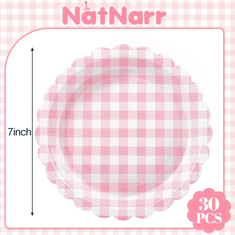 NatNarr 30 Pcs Light Pink Gingham Plates, 7 Inch Scalloped Plaid Dessert Cake Party Plates Pink Gingham Party Supplies for Girls Baby Shower, Wedding, Silly Goose Birthday - Image 2