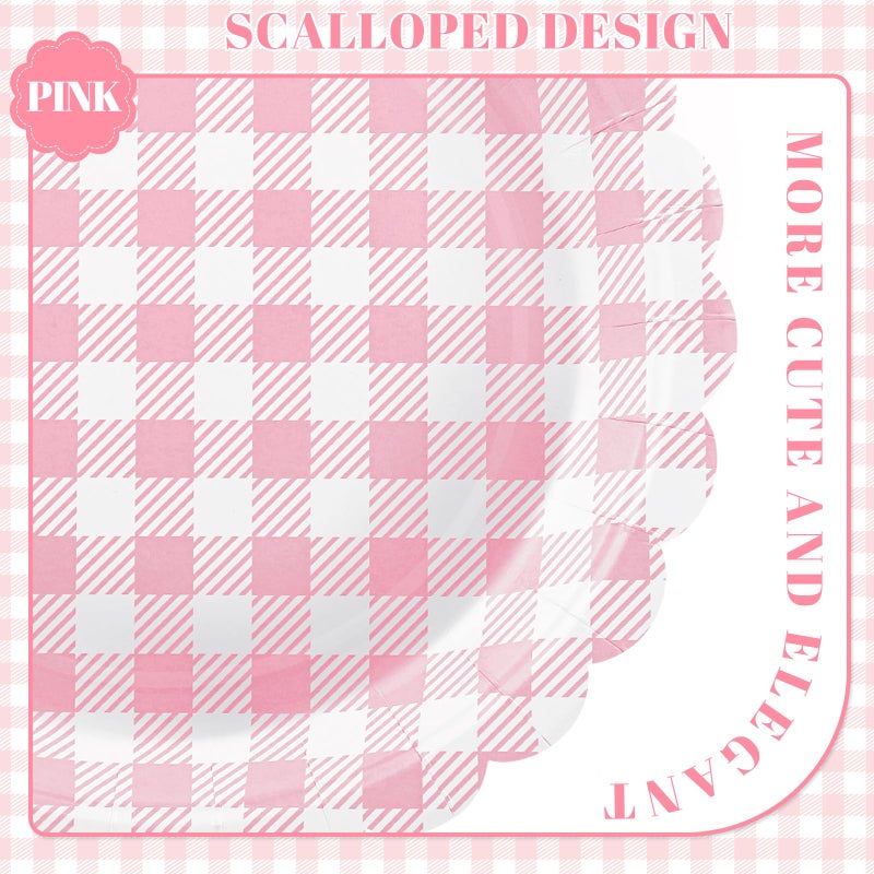 NatNarr 30 Pcs Light Pink Gingham Plates, 7 Inch Scalloped Plaid Dessert Cake Party Plates Pink Gingham Party Supplies for Girls Baby Shower, Wedding, Silly Goose Birthday - Image 3