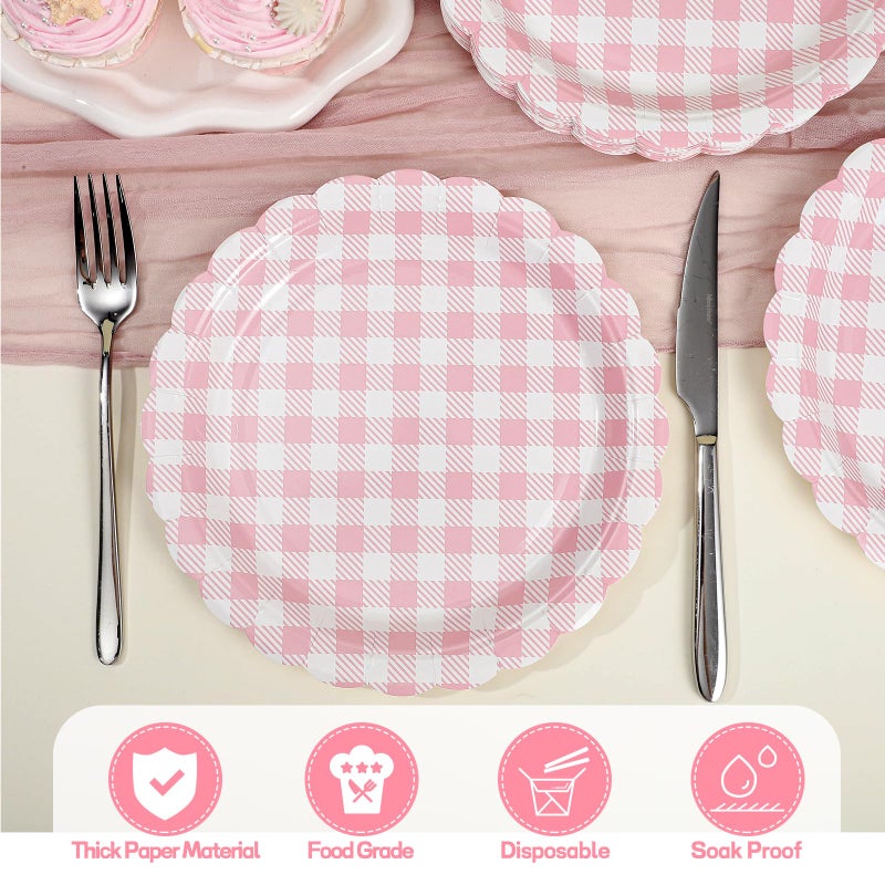 NatNarr 30 Pcs Light Pink Gingham Plates, 7 Inch Scalloped Plaid Dessert Cake Party Plates Pink Gingham Party Supplies for Girls Baby Shower, Wedding, Silly Goose Birthday - Image 4
