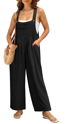 IWOLLENCE Women's Summer Jumpsuits Boho Wide Leg Overalls Casual Loose Rompers with Pockets 2024 Black Small - Image 1
