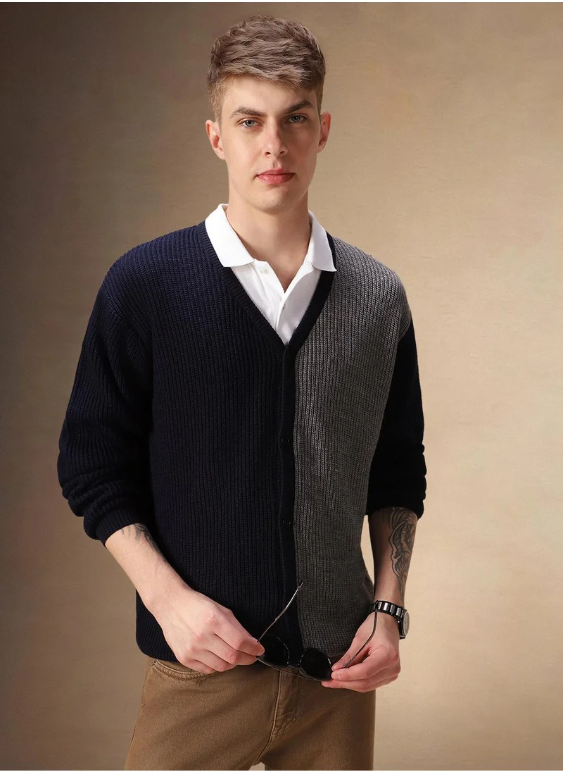 دينيس لينغو Men's Grey Melange 100% Acrylic Colour Blocked Regular Fit Sweater