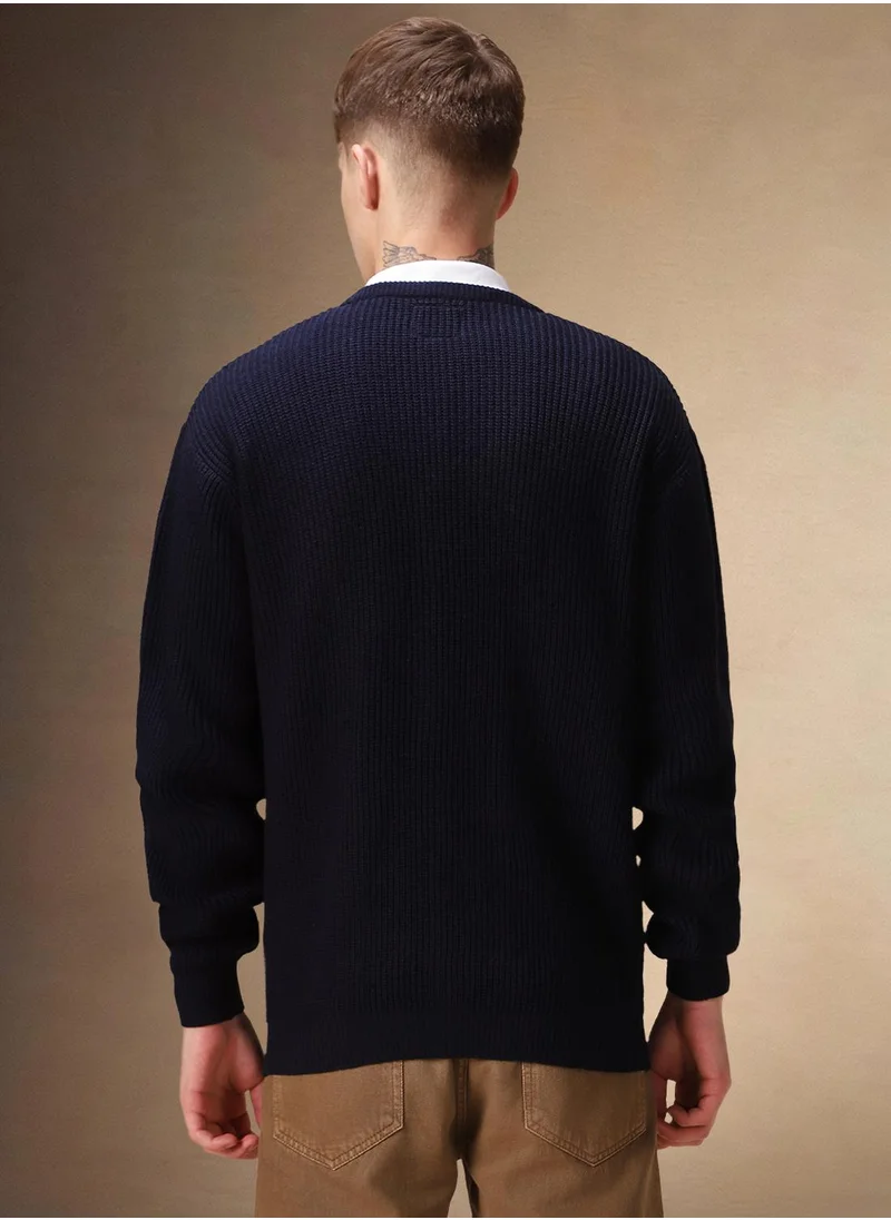 Dennis Lingo Men's Grey Melange 100% Acrylic Colour Blocked Regular Fit Sweater