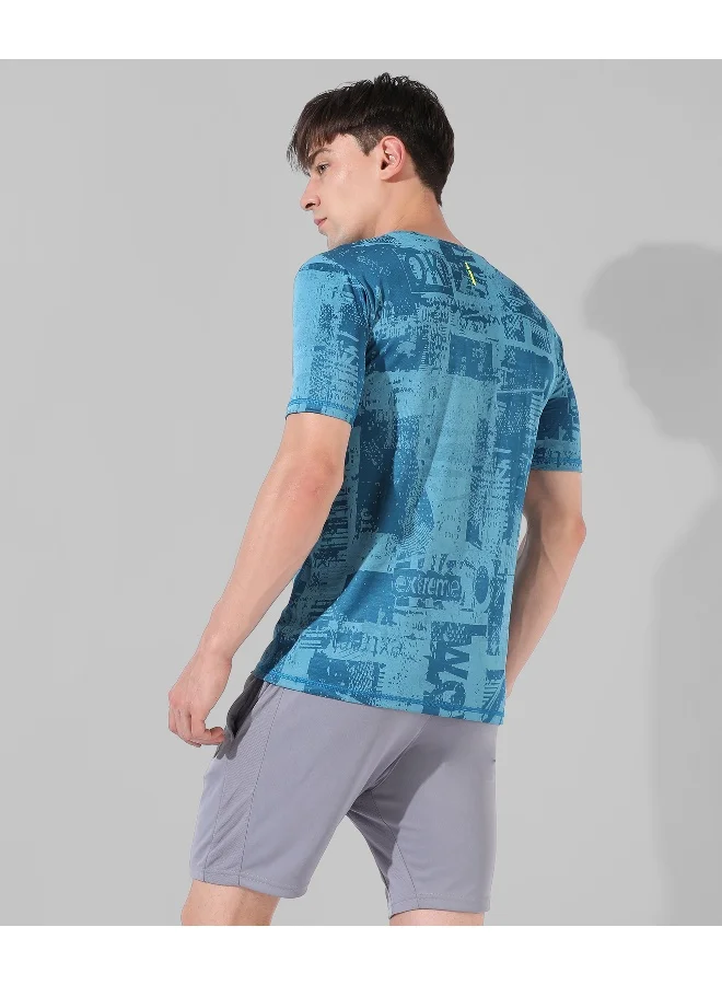Campus Sutra Men's Blue Printed Regular Fit Activewear T-Shirt